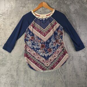 Women's XS Boho Patchwork Blue Print Lace Back Raglan Top 3/4 Sleeve Blouse